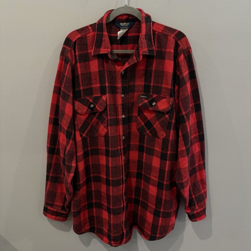 VTG OshKosh B'Gosh Men's Shirt Red Black Plaid Heavyweight Cotton XLT Lumberjack